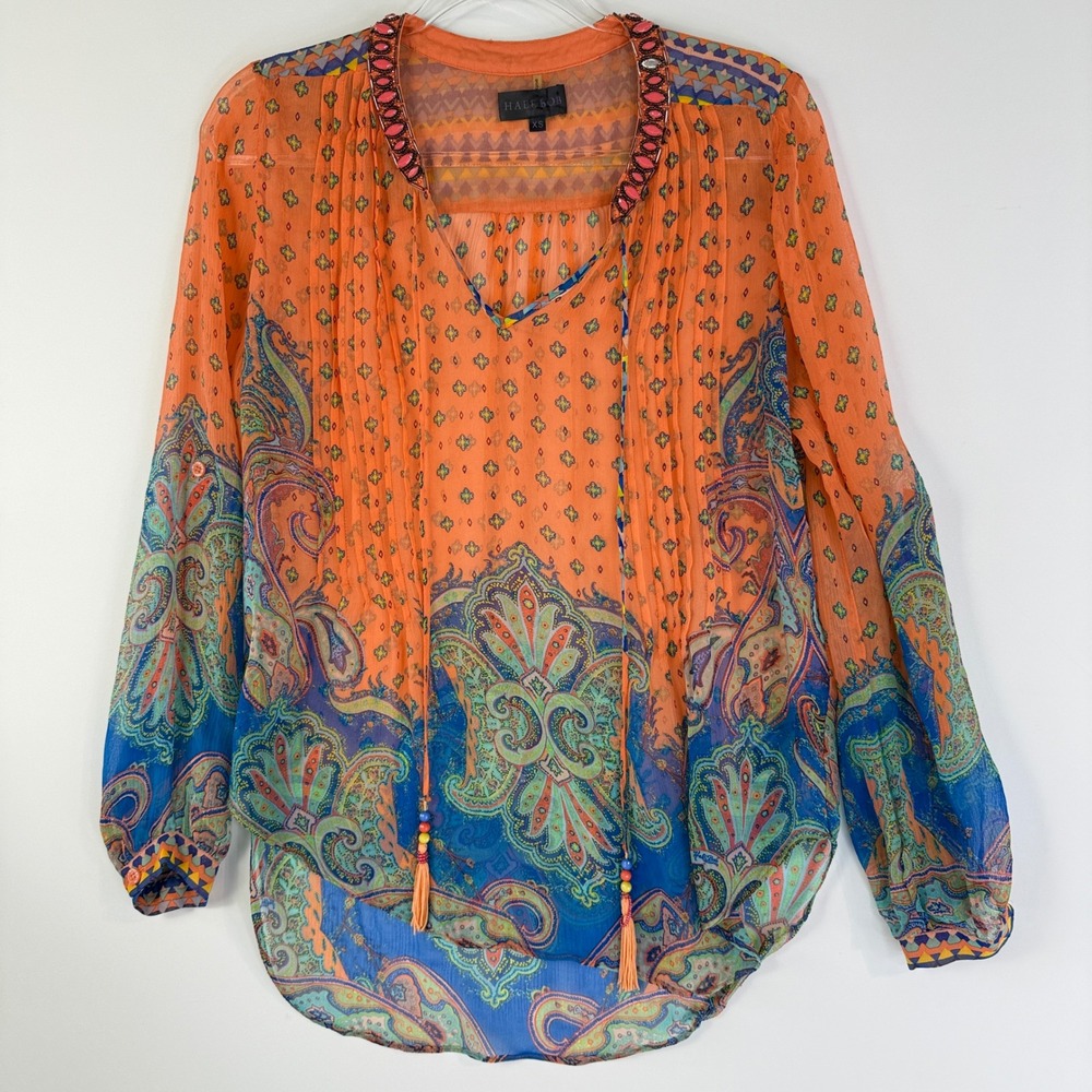 Hale Bob Blouse Womens XS Orange Silk Paisley Beaded Tassel 4AKT2329